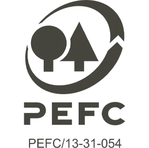 Logo PEFC com duas árvores estilizadas dentro de um círculo e texto abaixo.