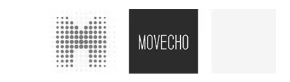 Logotipo da MOVECHO com um M estilizado em pontos, o nome MOVECHO em texto branco sobre fundo preto.