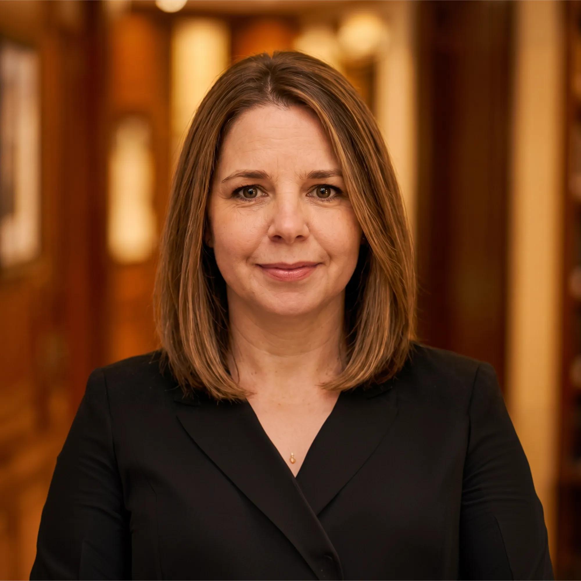 Smiling woman with shoulder-length brown hair wearing a black blazer in warm indoor lighting.