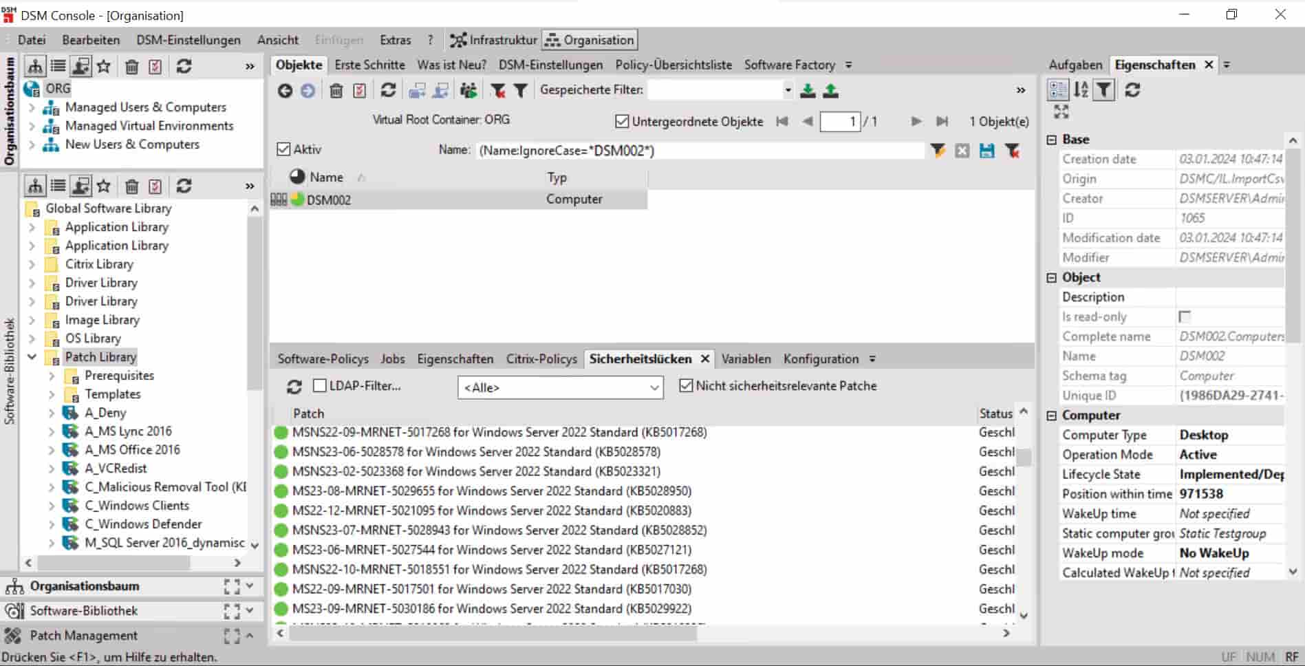 Screenshot der Ivanti DSM Konsole mit Patch-Management, Software-Bibliothek und Sicherheitslücken-Übersicht für Windows Server 2022 Standard