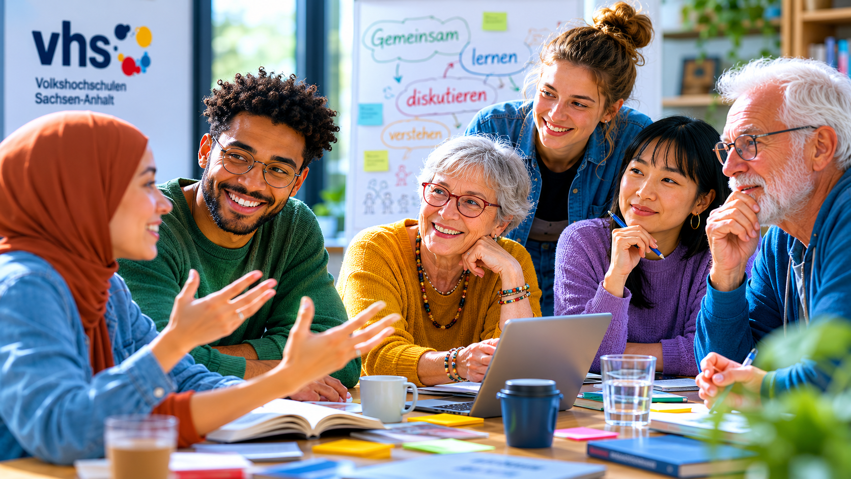 Menschen verschiedener Herkunft und Generationen sitzen gemeinsam an einem Tisch, lernen und diskutieren miteinander.