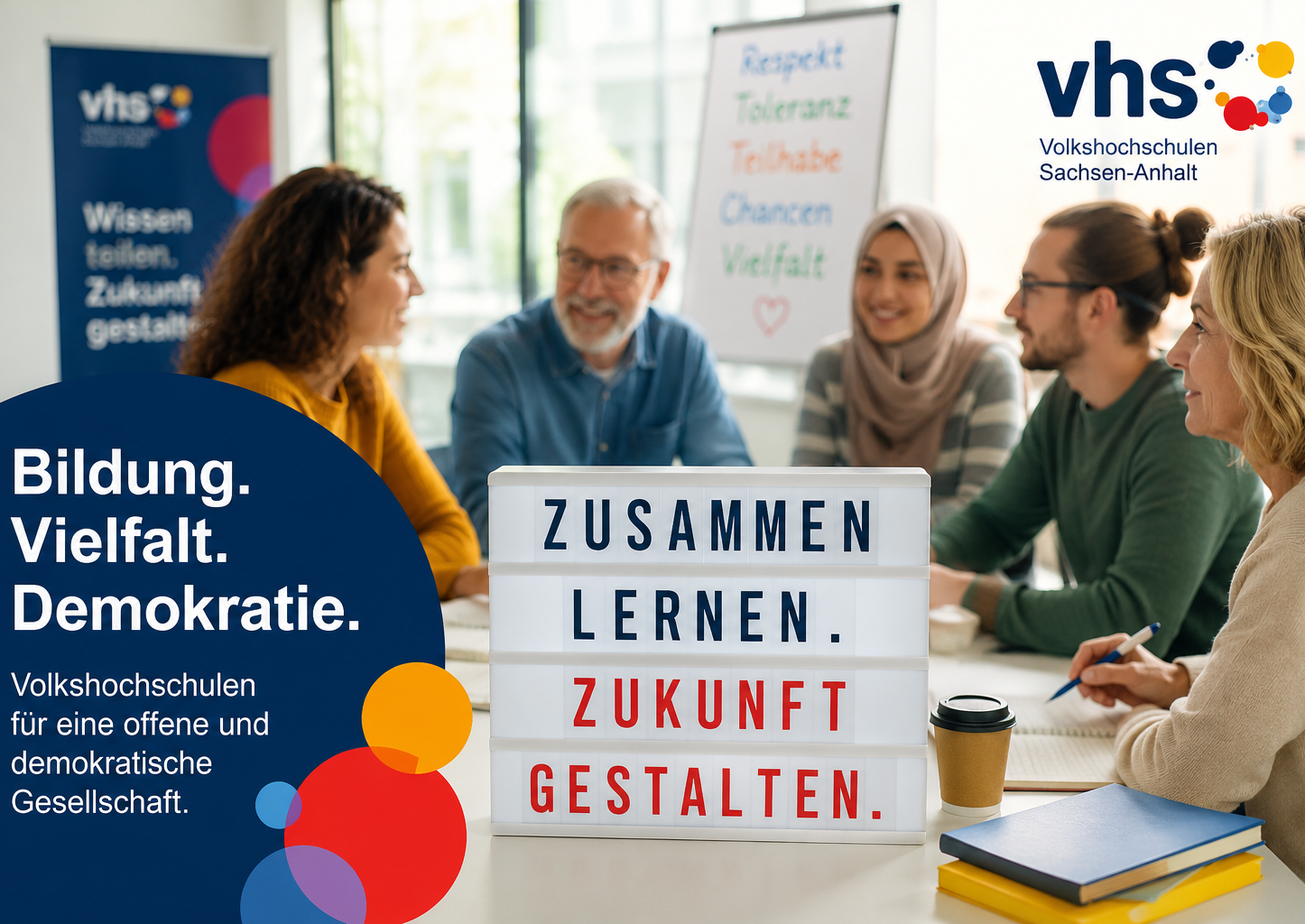 Menschen verschiedener Herkunft und Generationen sitzen gemeinsam an einem Tisch, lernen und diskutieren miteinander.