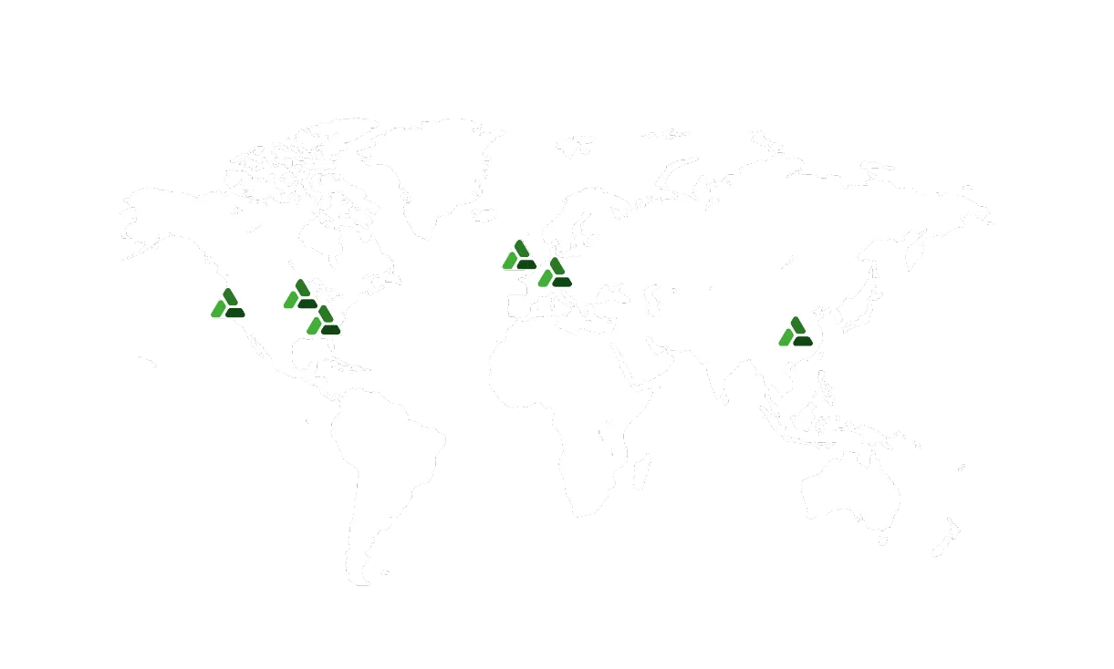 World map highlighting green triangles in locations across North America, Europe, and Asia.