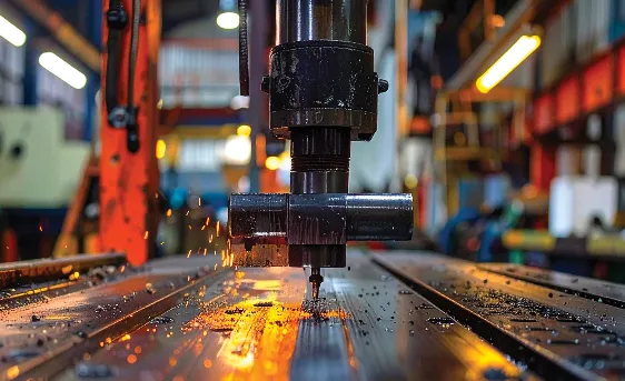 Close-up of a metal milling machine cutting a steel surface with sparks flying in an industrial workshop.