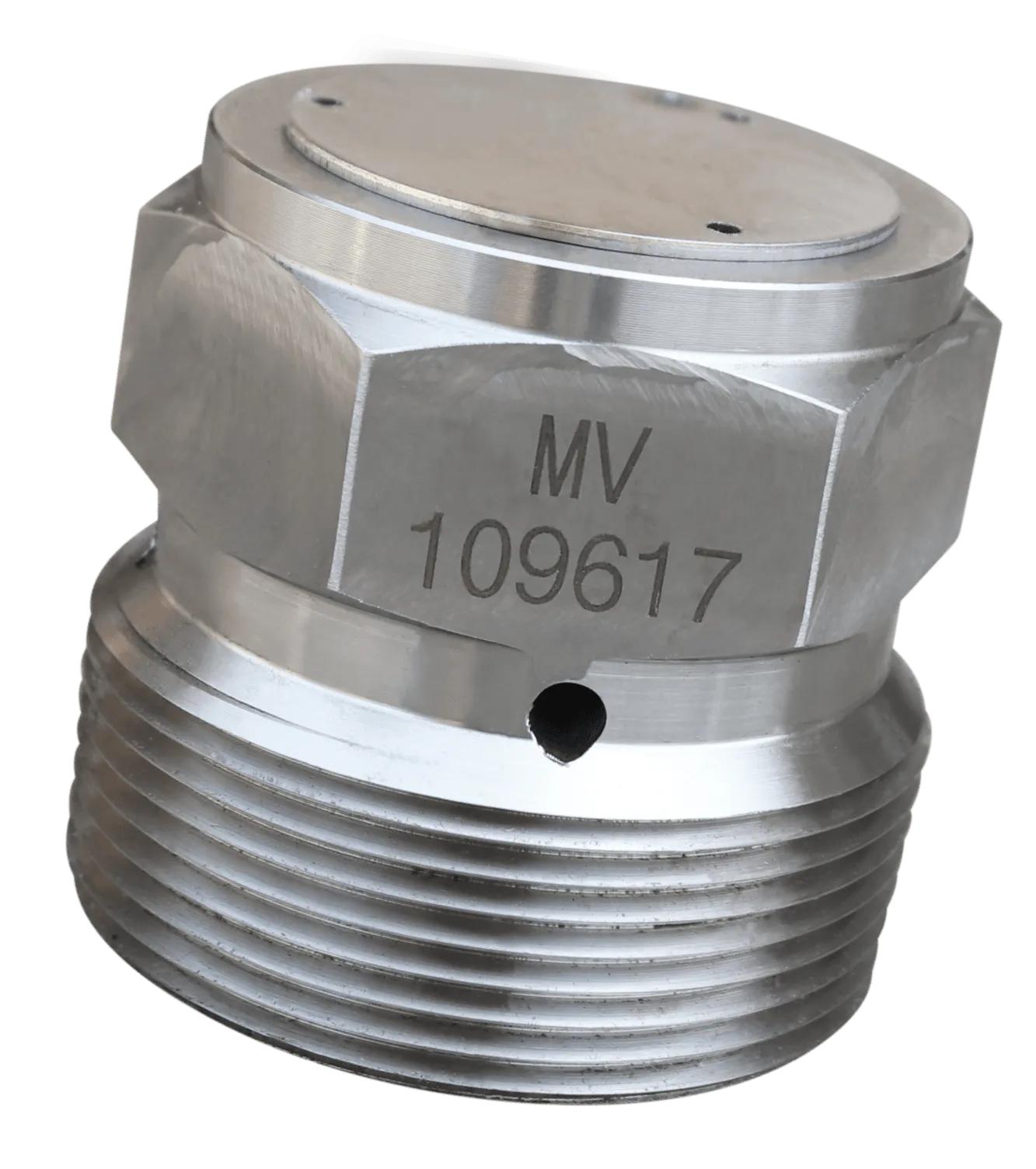 A stainless steel valve with a white background