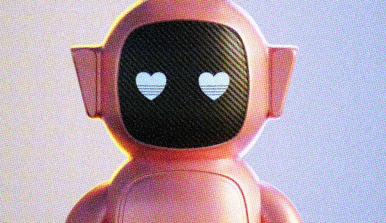 A friendly robot face with heart-shaped eyes gazes adoringly at the viewer.