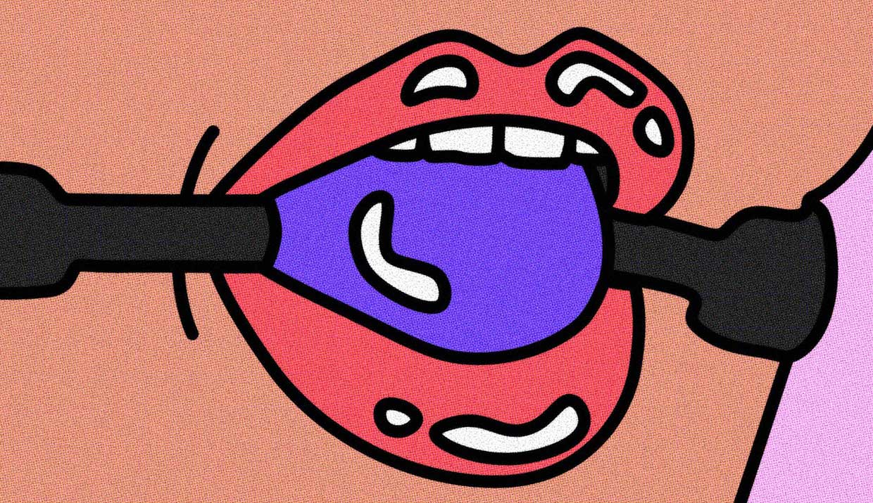 An illustration of a mouth wearing a ball gag.