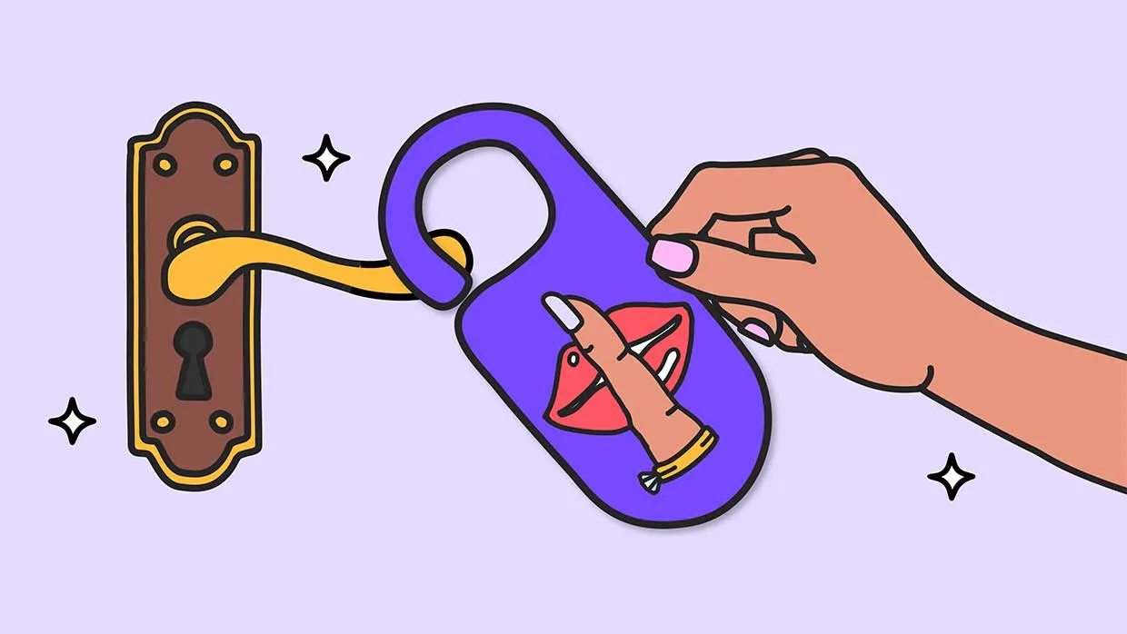 An illustration of a doorknob and lock, with a hand reaching toward it to hang a "do not disturb" sign on the door handle. The sign features a pair of lips and a finger making the "shh" sign.
