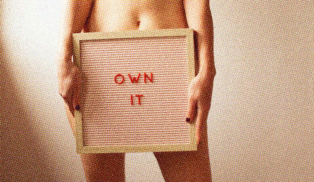 HUD App - Nude female torso with sign saying own it - is my sex toy bad for my vagina