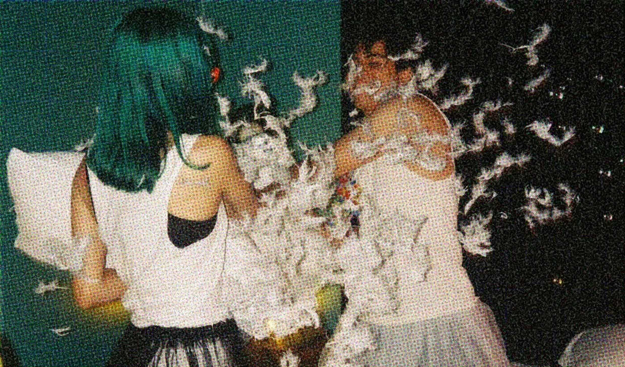 Two people are having a pillow fight. Feathers are flying everywhere.