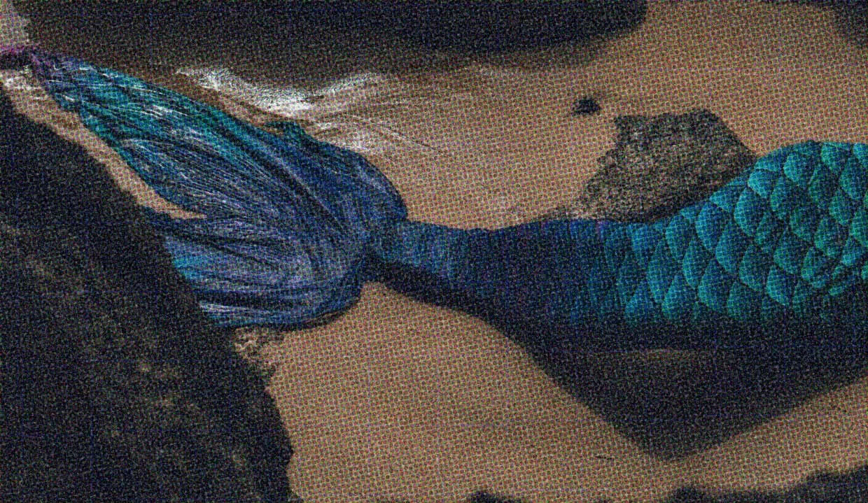 A mermaid tail is draped across a sandy, rocky beach.