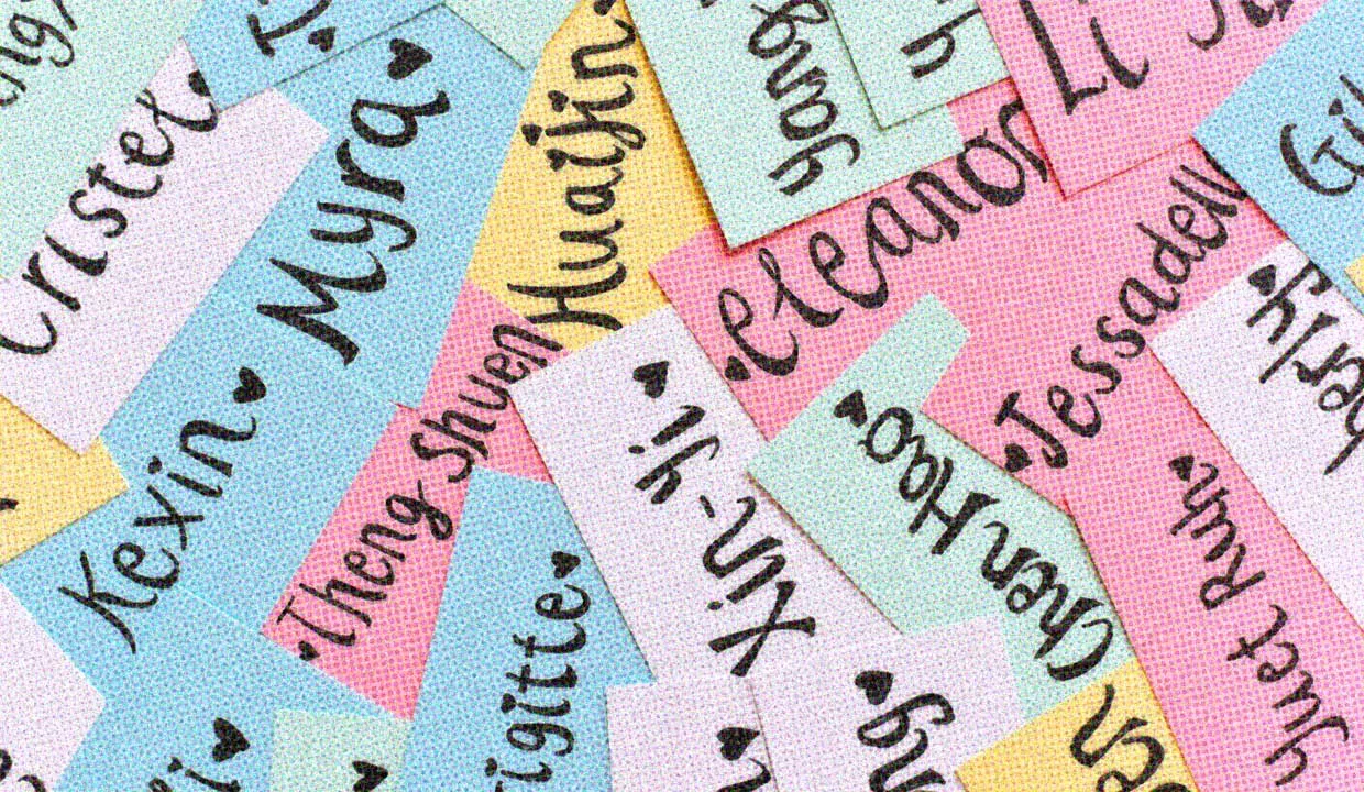 A pile of coloured papers, each with a different name written on it.