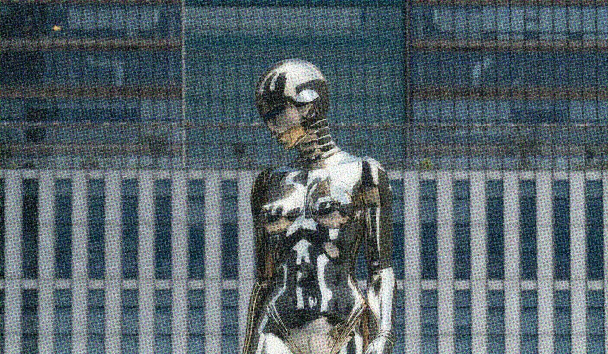 A shiny humanoid robot in front of a sleek glass city building.