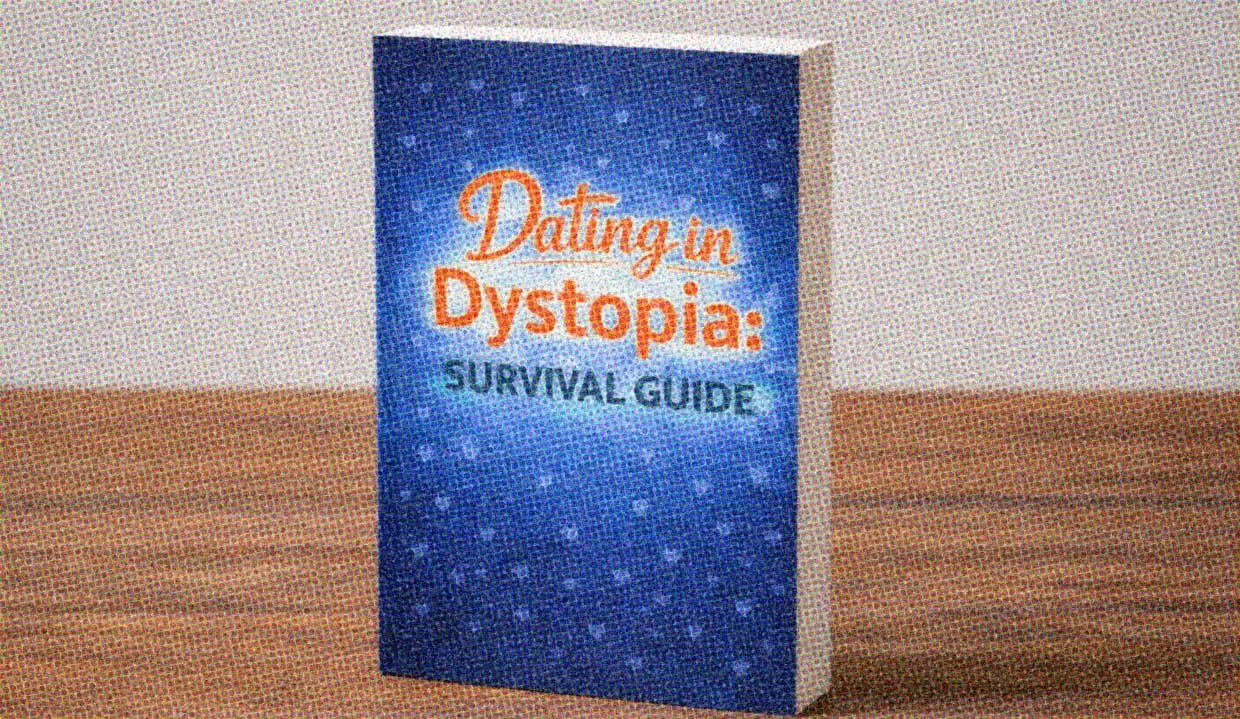 A self-help book with a blue cover entitled "Dating in Dystopia" sits on a table. We wish it really existed, but alas, it was generated by AI. These tips, however, are real.
