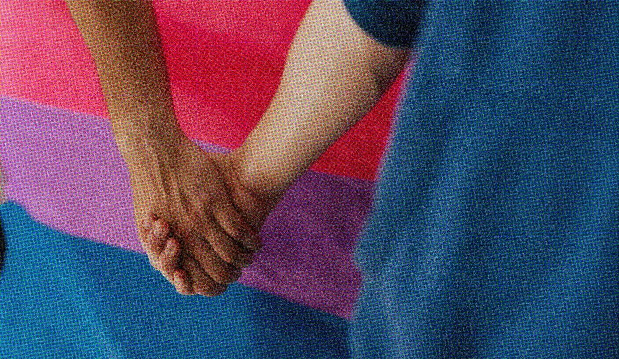 HUD App - Holding hands in front of bisexual flag - stop fetishizing bisexuality