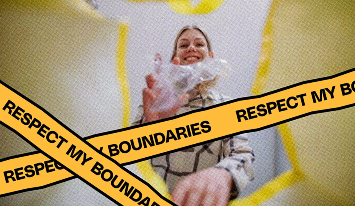 HUD App - Photo of girl with caution tape style illustration overlaid - Blocking someone on a dating app