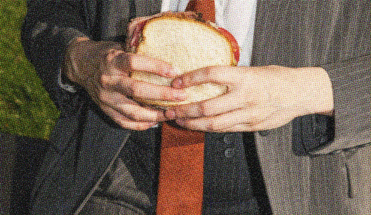 HUD App - Man in suit holding sandwhich - Masturbating on your lunch break