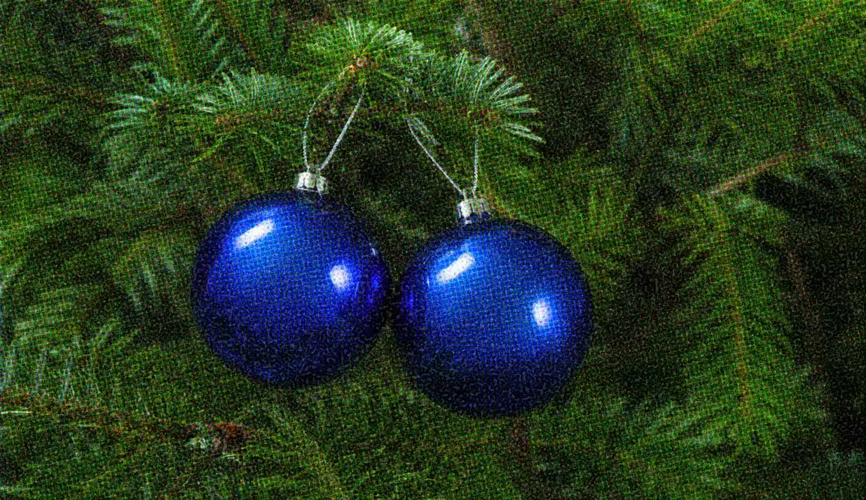 Two blue holiday baubles are hanging on the branches of a Christmas tree.