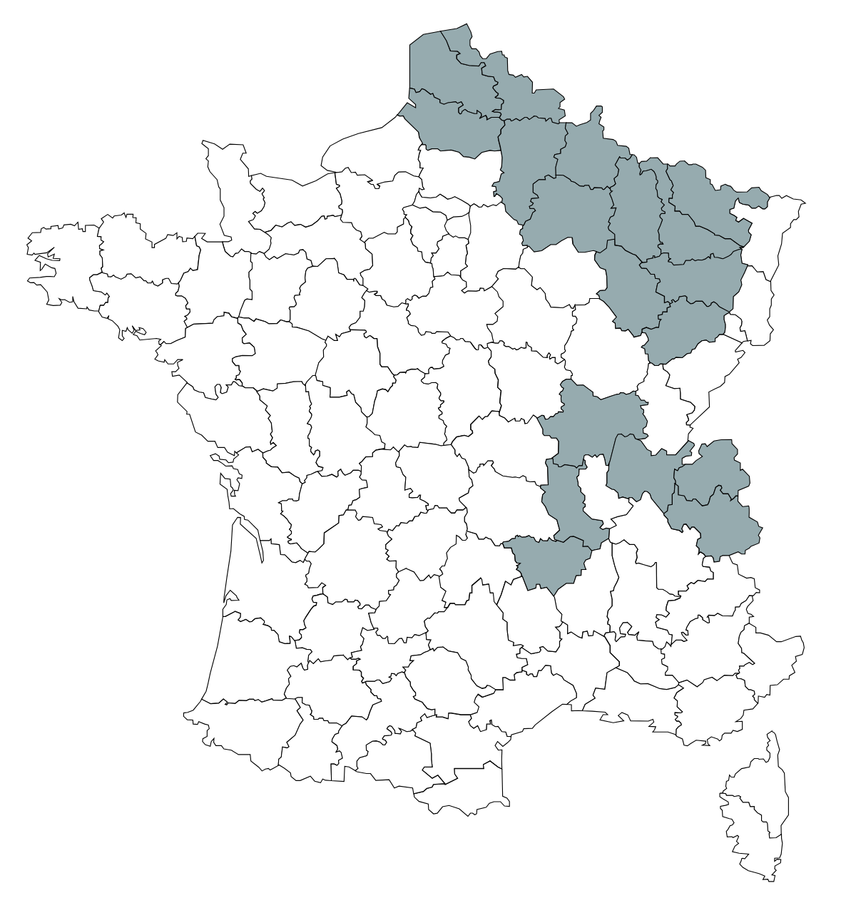 Carte des 18 départements d'intervention de Wagnon Group pour feux d'artifice et spectacles pyrotechniques en régions Hauts-de-France, Grand-Est et Auvergne-Rhône-Alpes