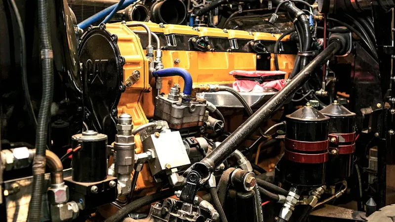 ECM tuning on a heavy-duty truck engine with electronic control components, fuel systems, and wiring harnesses exposed for performance diagnostics and calibration.