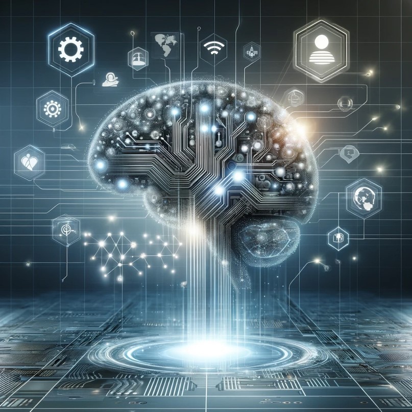 A futuristic, abstract representation of artificial intelligence in a business context, featuring a digital brain made up of glowing circuits and networks, with holographic icons related to AI and business analytics floating around it. The background is sleek and modern, with subtle shades of blue and gray, symbolizing innovation and technology in the corporate world.