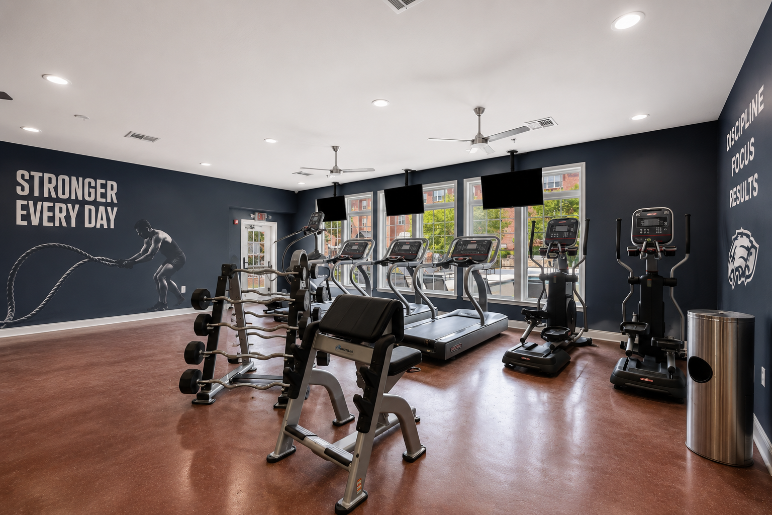 2-Bedroom Apartments in Statesboro, GA - The Grand at Market District - Fitness Center Featuring Treadmills, Weights, Medicine Balls, and Ellipticals
