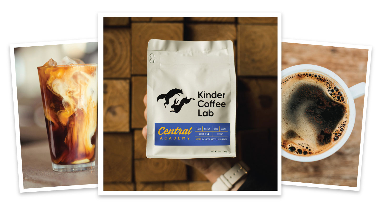 Hand holding Kinder Coffee Lab Central Academy coffee bag with iced coffee and hot coffee on sides.