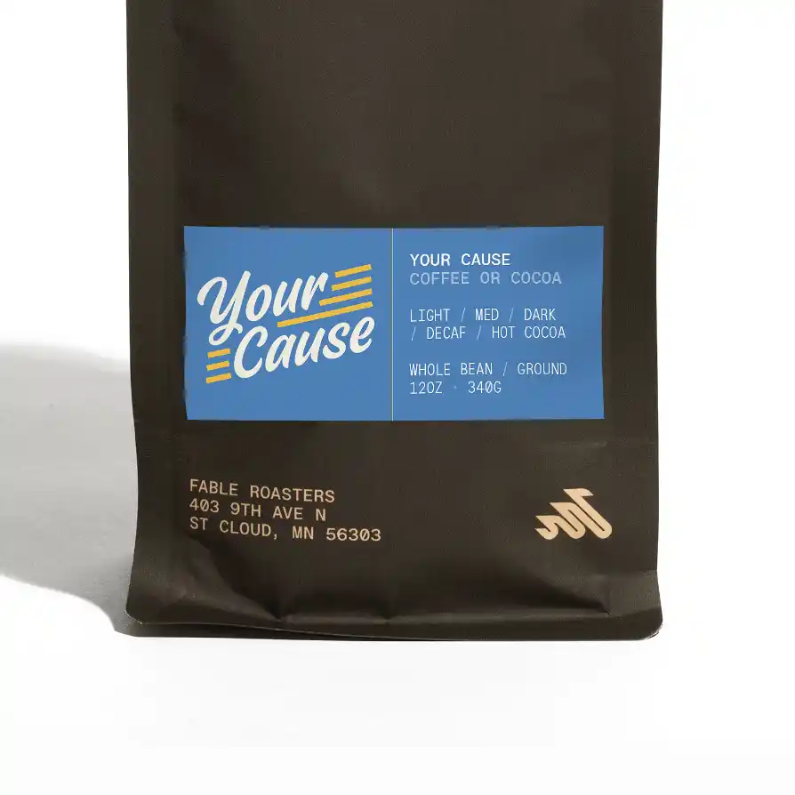 Coffee bag with label supporting the cause
