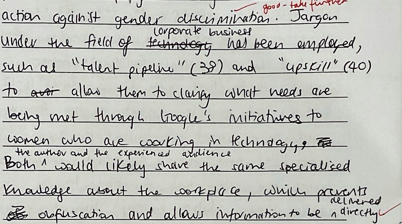 Handwritten VCE English Language SAC example showing metalanguage analysis and linguistic techniques