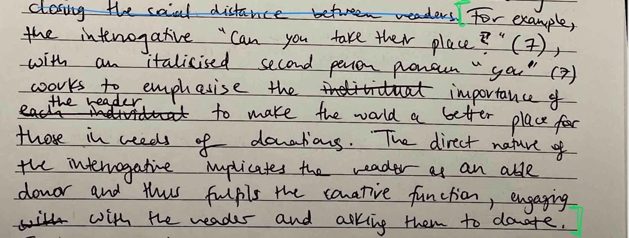 Handwritten VCE English Language analytical commentary showing how to improve exam analysis
