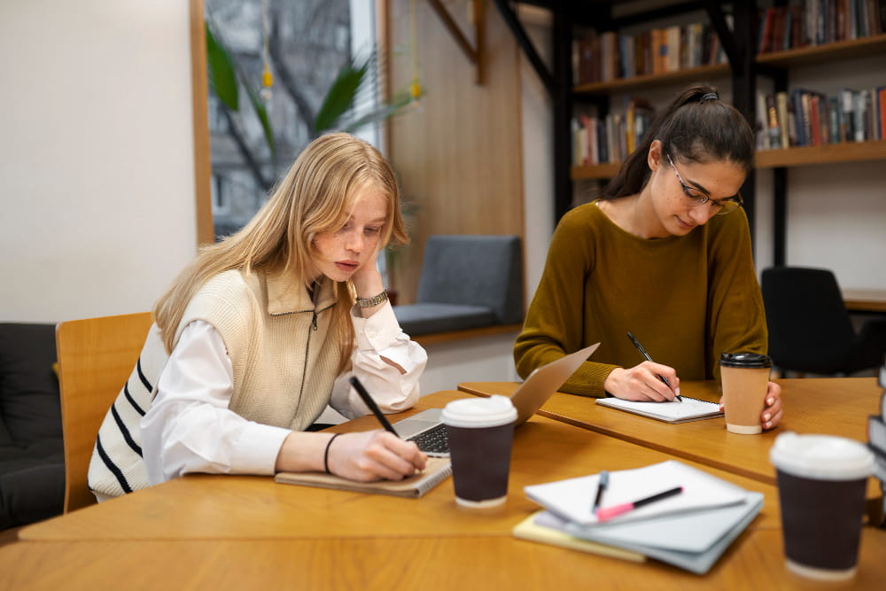 Two students working with pencils and notebooks at classroom desks