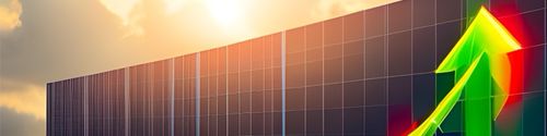 Stylistic stock chart with up arrow and sunshine in background.