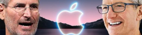 Steve Jobs and Tim Cook shown over the Apple logo and scenic background.