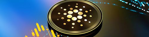 The Cardano logo on a coin placed over stock charts.