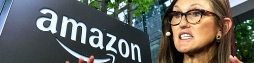 Cathie Wood shown in front of the Amazon logo.