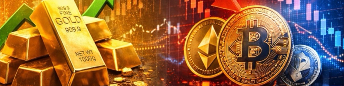 A image of gold bars and a bitcoin coin side by side with investing graphics.