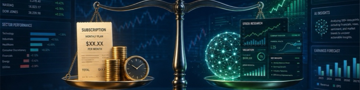 A balance scale of whether ai stock research is worth it.