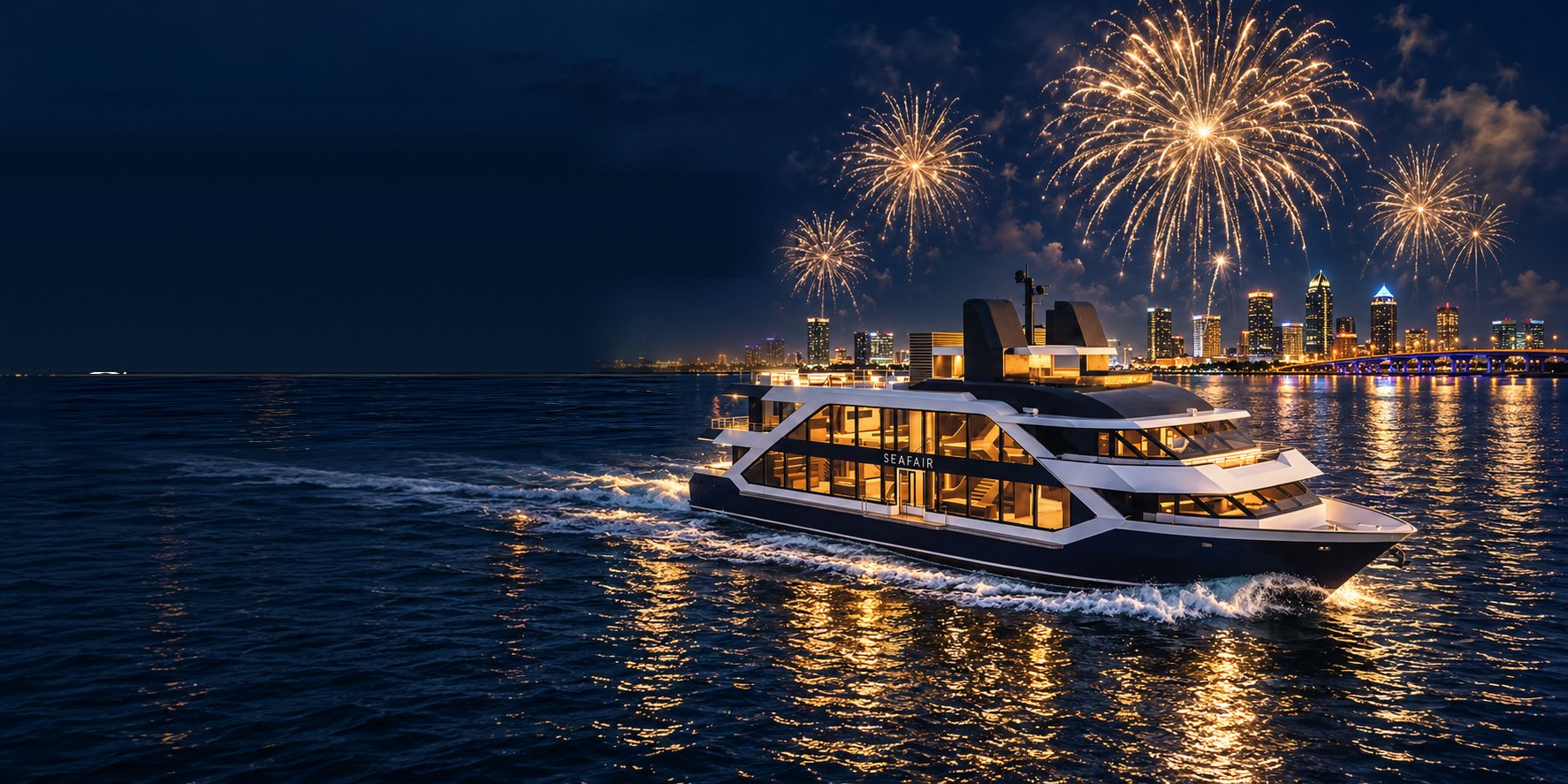 The Crystal Grandeur on Tampa Bay at night, fireworks over the downtown skyline