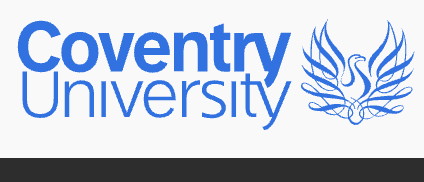 Coventry University logo with blue text and stylized phoenix icon on the right.