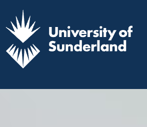 University of Sunderland logo with a stylized sunburst graphic on a dark blue background.