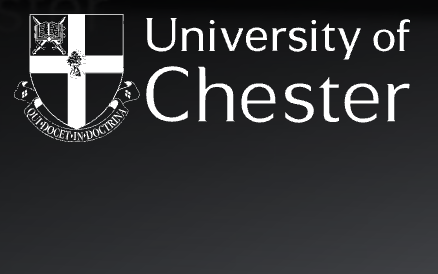 University of Chester logo with a shield and Latin motto on a black gradient background.
