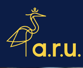 Stylized yellow outline of a heron with a crown next to the letters 'a.r.u.' on a dark blue background.