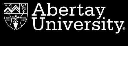 Abertay University logo with a shield containing symbols including stars, mountains, a tree, and a vase.