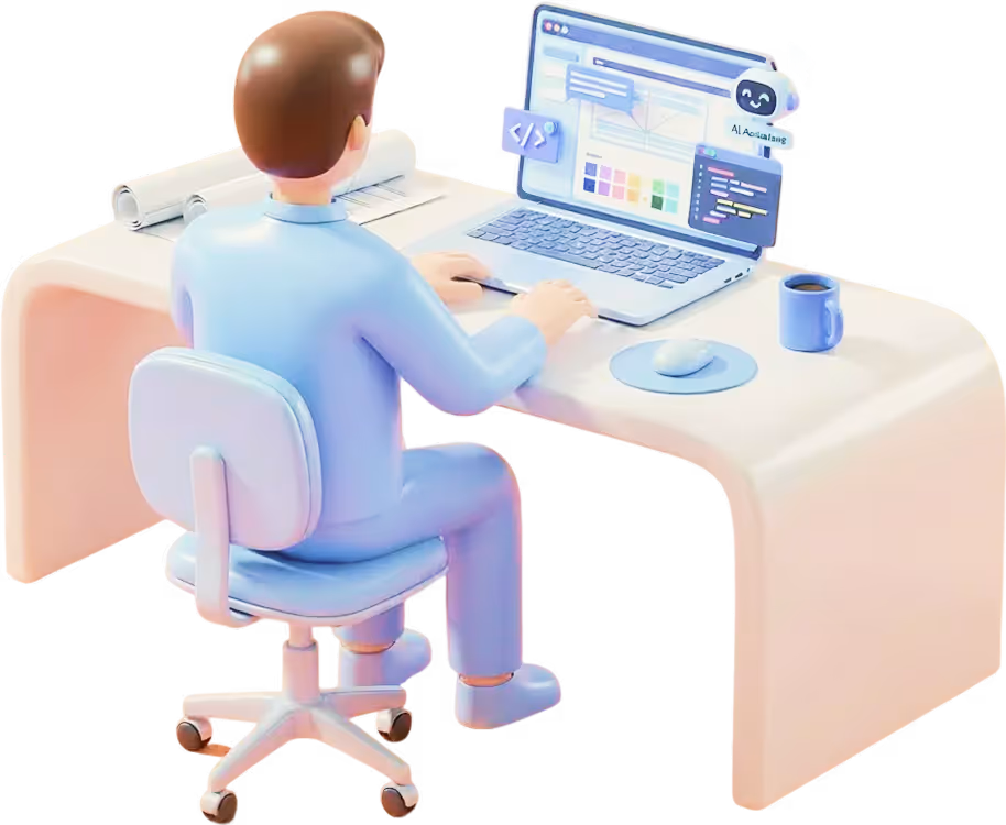 コンピュータでコーディング作業をしている青い服の人物の3Dイラスト。