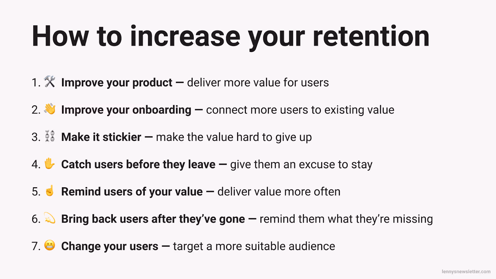 List of seven strategies to improve user retention, including product value, onboarding, reminders, and reconnecting users