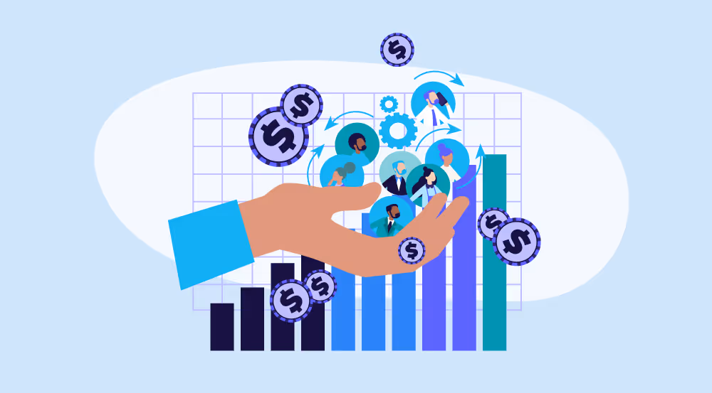 Illustration of a hand supporting employee icons over a rising bar chart with floating dollar symbols