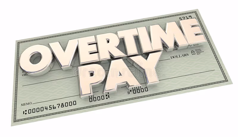 Overtime pay illustrated with large bold text placed over a paycheck, highlighting extra earnings for additional work hours