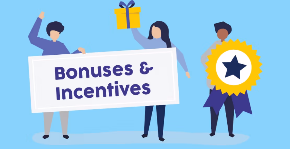 Illustration of employees holding a “Bonuses and Incentives” sign with gift and award icons symbolizing rewards and recognition