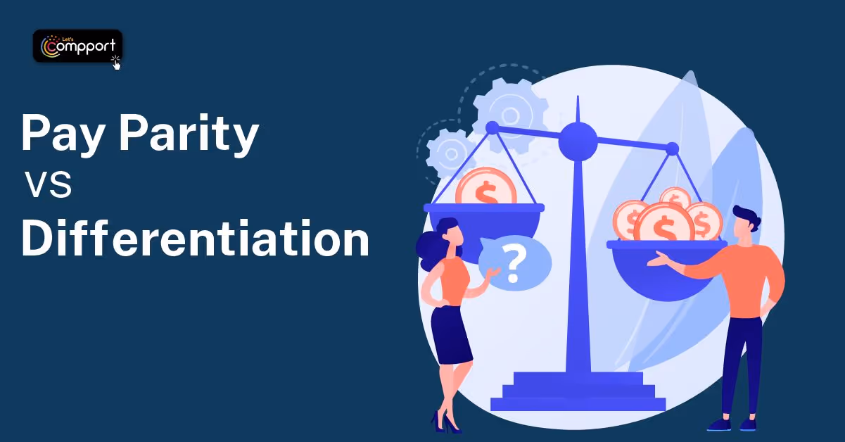 Two people beside a scale balancing equal pay and differentiated pay, illustrating the debate on pay parity vs differentiation