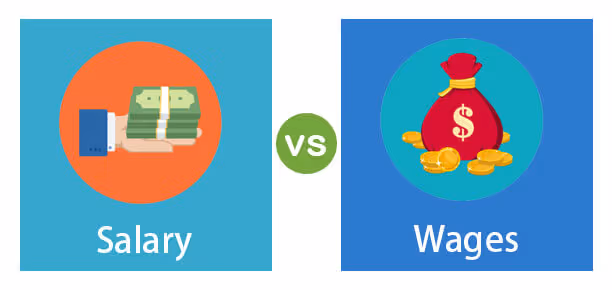 Illustration comparing salary and wages using money stack and coin bag icons with a “vs” label